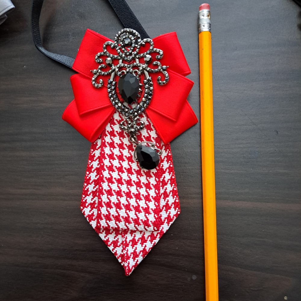 Red Houndstooth Bow Tie Necklace with Black Jewel Accent -